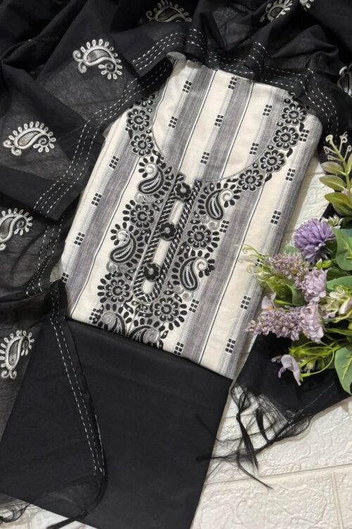 Handloom cotton suit fabric with beautiful embroidered neck and dupatta