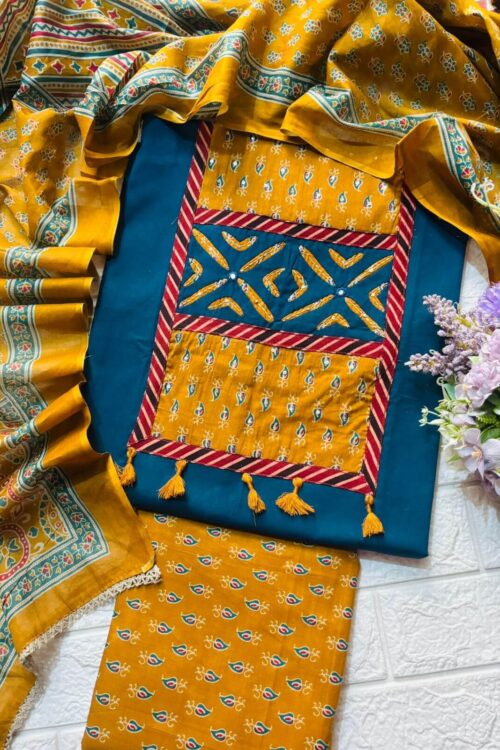 Ajrakh pure cotton suit fabric with tassels detail