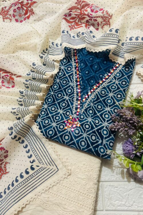 Ivory Indigo handcrafted pure cotton suit set with mirror necklin
