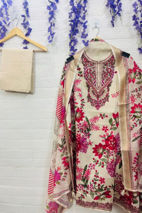 Highlighted thread neck jaam cotton pakistani print suit with Chanderi dupatta