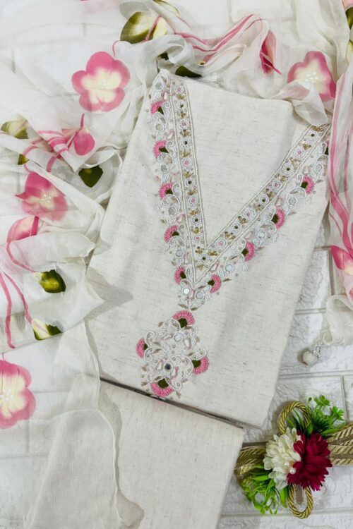 Ivory Pink Floral Embroidered Suit Set