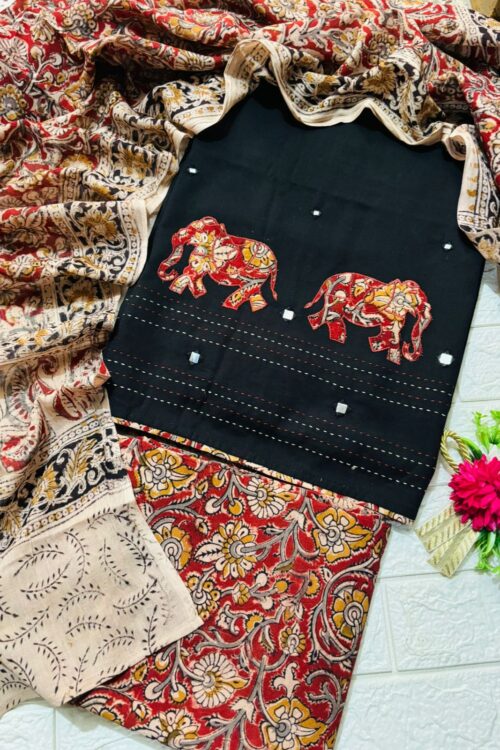 Patched work mirror elephant ajrakh cotton suit set
