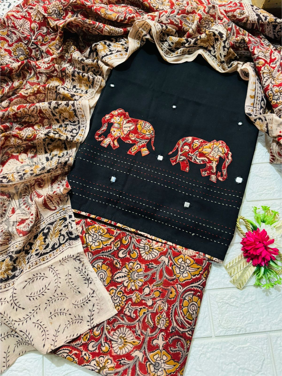 Patched work mirror elephant ajrakh cotton suit set
