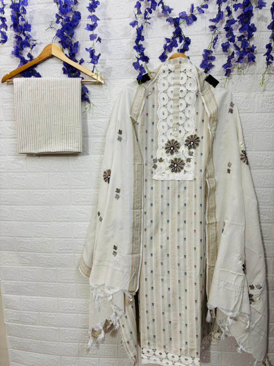 Ivory Bloom Stripes handloom cotton Suit Set