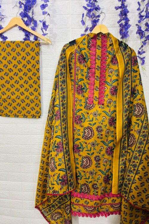 Floral print lace detail cotton suit fabric